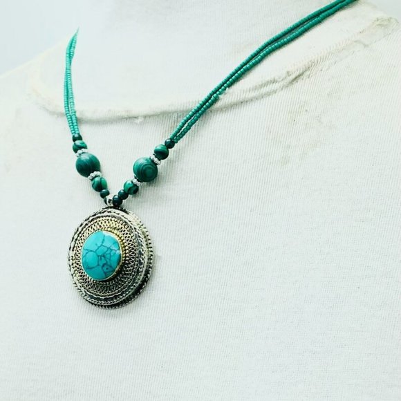 Turquoise Beaded Pendant Necklace, Ethnic Tribal Light Weight Necklace, Chunky - Picture 5 of 9